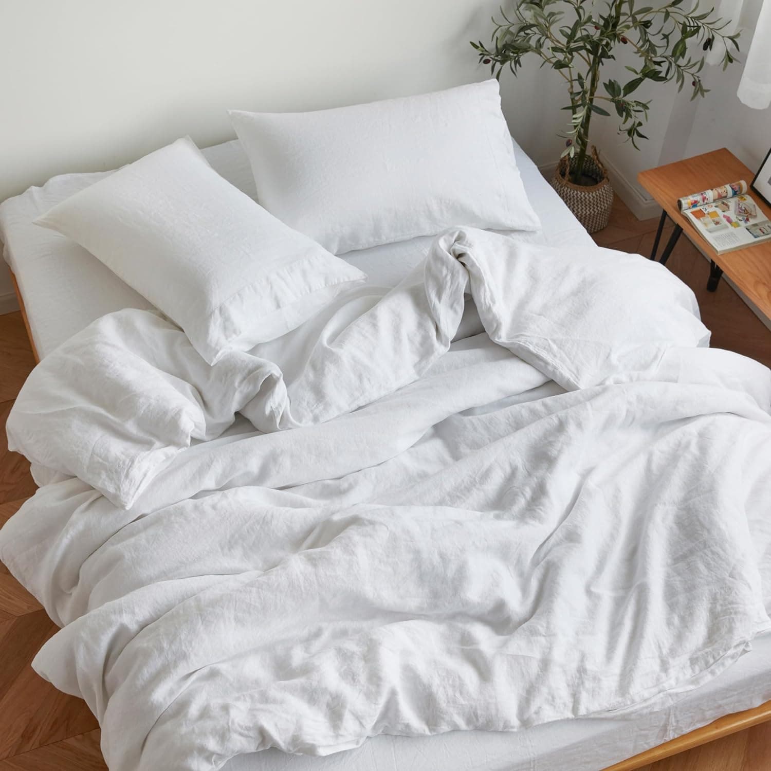 Sijo Stone Washed Organic French Linen Bed Sheet Set, GOTS Certified...