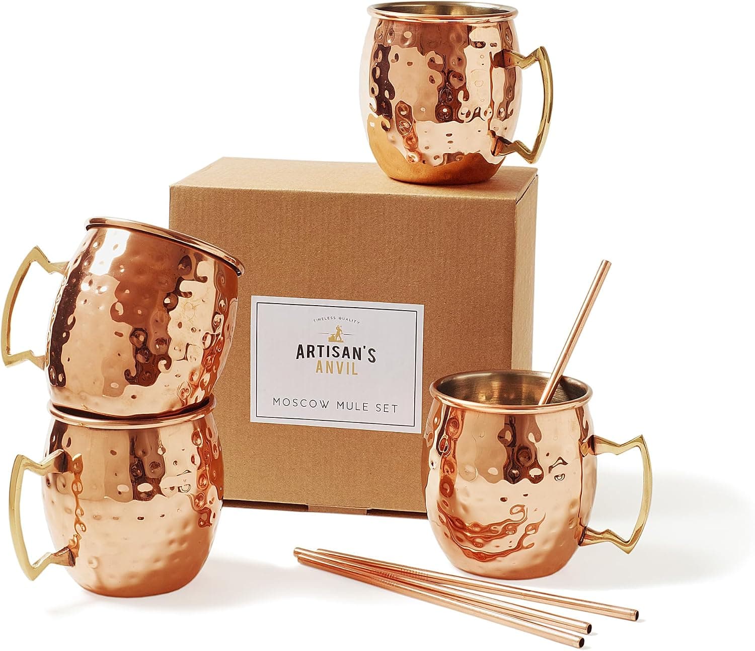 Artisan's Anvil Moscow Mule Mugs with Straws, Comfortable Brass...
