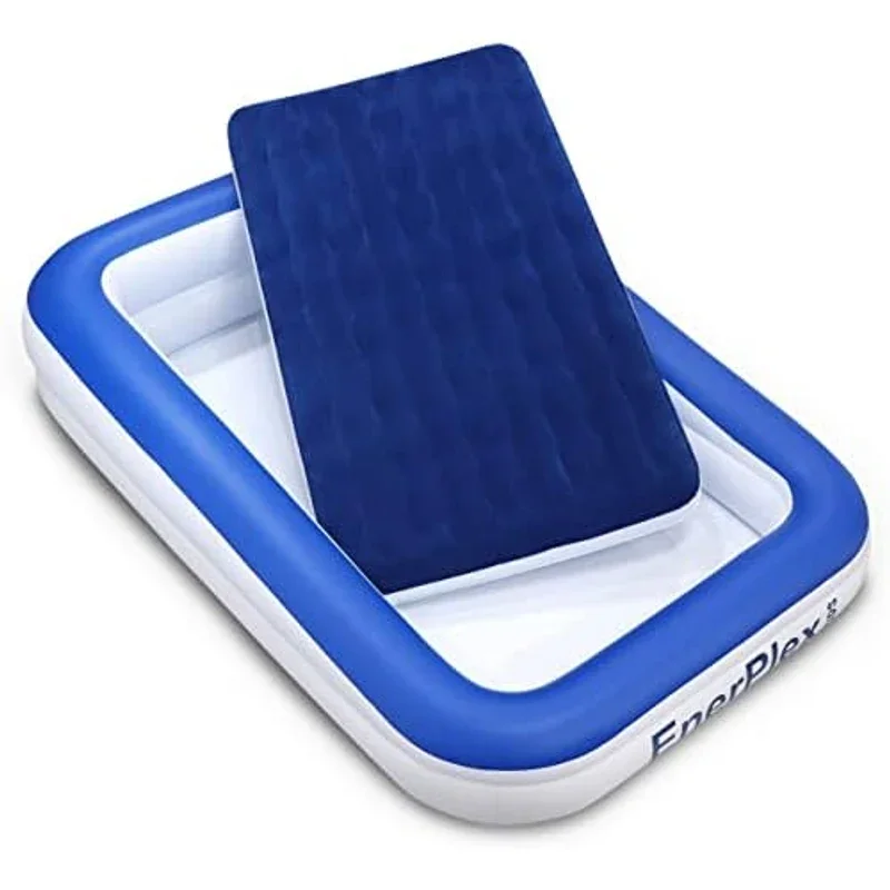 EnerPlex Kids Inflatable Travel Bed with High Speed Pump - Built-in Safety Bumper (Blue)